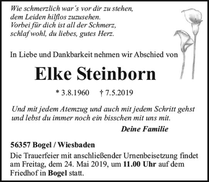  Traueranzeige für Elke Steinborn vom 18.05.2019 aus vrm-trauer