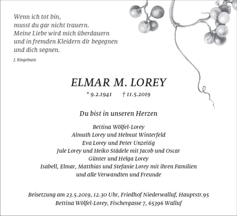  Traueranzeige für Elmar M. Lorey vom 18.05.2019 aus vrm-trauer