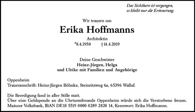  Traueranzeige für Erika Hoffmanns vom 04.05.2019 aus vrm-trauer