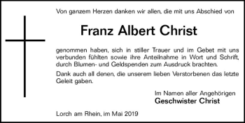 Traueranzeige von Franz Albert Christ von vrm-trauer