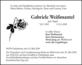 Traueranzeige von Gabriele Weißmantel von vrm-trauer