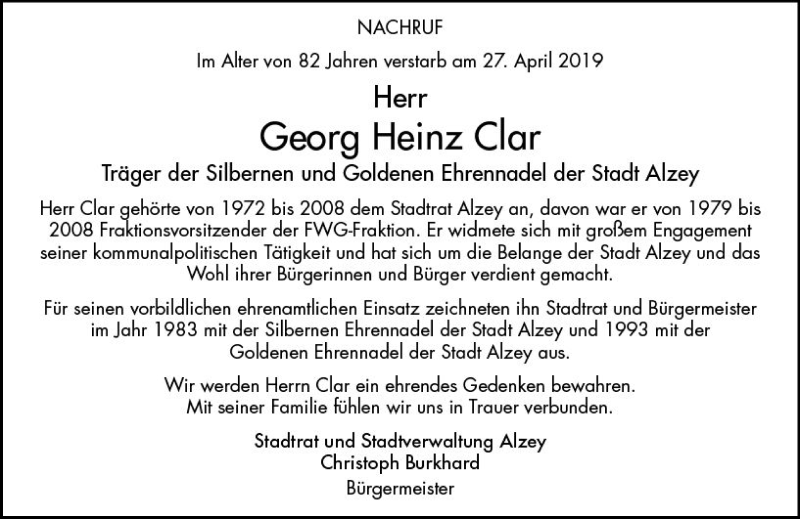  Traueranzeige für Georg Heinz Clar vom 02.05.2019 aus vrm-trauer