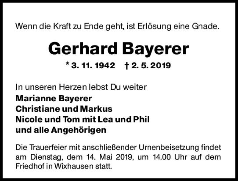  Traueranzeige für Gerhard Bayerer vom 11.05.2019 aus vrm-trauer