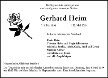 Traueranzeige von Gerhard Heim von vrm-trauer