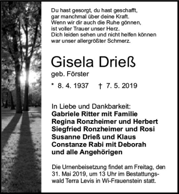 Traueranzeige von Gisela Drieß von vrm-trauer