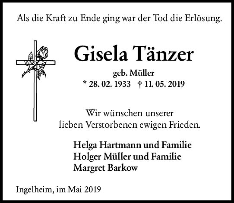  Traueranzeige für Gisela Tänzer vom 18.05.2019 aus vrm-trauer