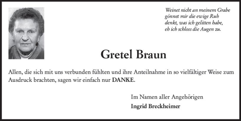  Traueranzeige für Gretel Braun vom 31.05.2019 aus vrm-trauer