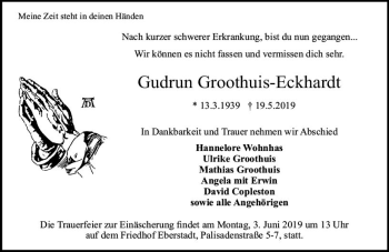 Traueranzeige von Gudrun Groothuis-Eckhardt von vrm-trauer