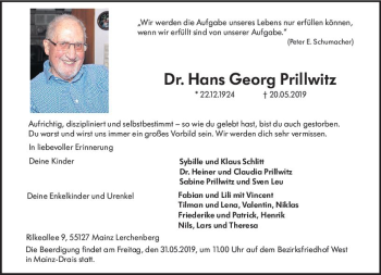 Traueranzeige von Hans-Georg Prillwitz von vrm-trauer