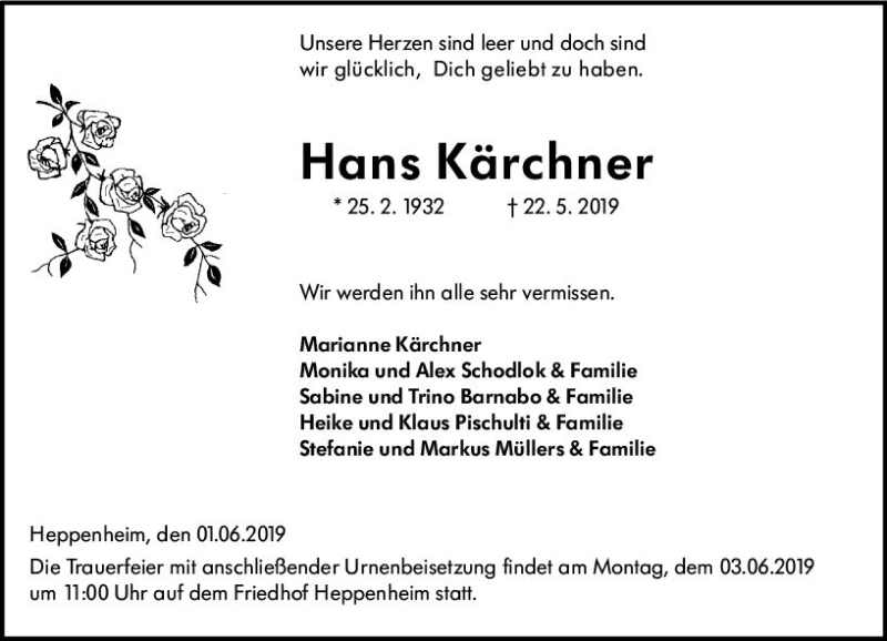  Traueranzeige für Hans Kärchner vom 01.06.2019 aus vrm-trauer