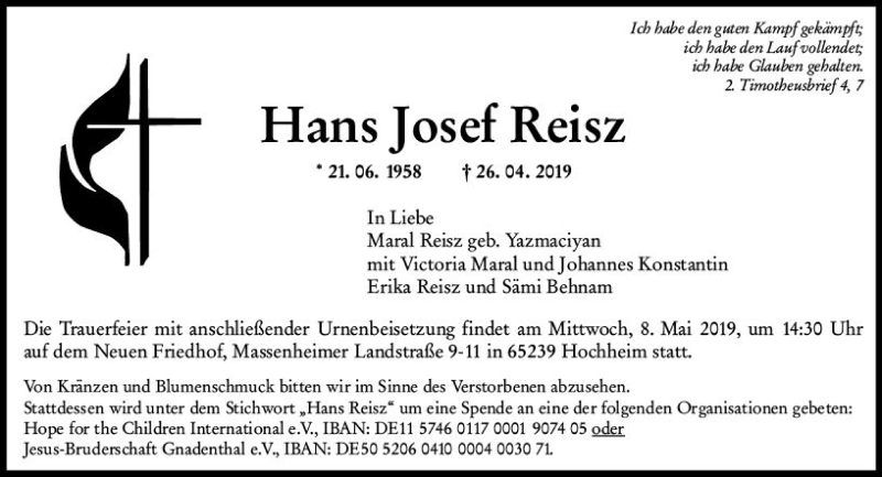  Traueranzeige für Hans Josef Reisz vom 03.05.2019 aus vrm-trauer