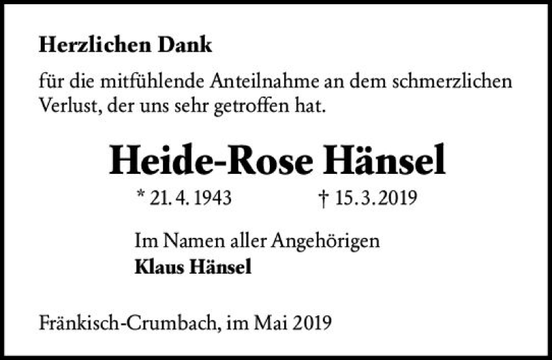  Traueranzeige für Heide-Rose Hänsel vom 18.05.2019 aus vrm-trauer