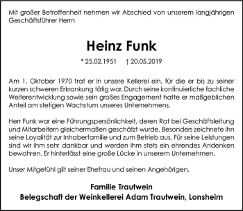 Traueranzeige von Heinz Funk von vrm-trauer