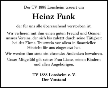 Traueranzeige von Heinz Funk von vrm-trauer