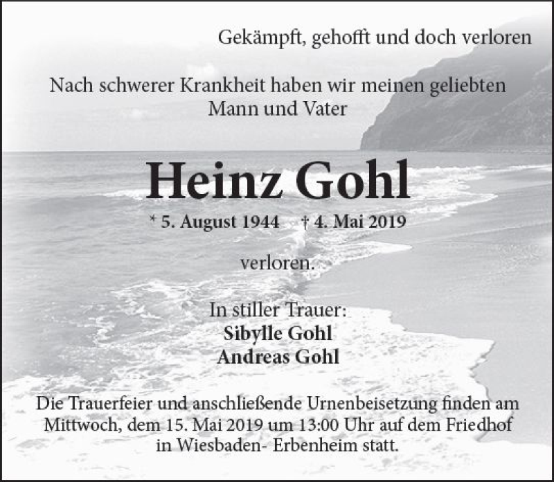  Traueranzeige für Heinz Gohl vom 11.05.2019 aus vrm-trauer