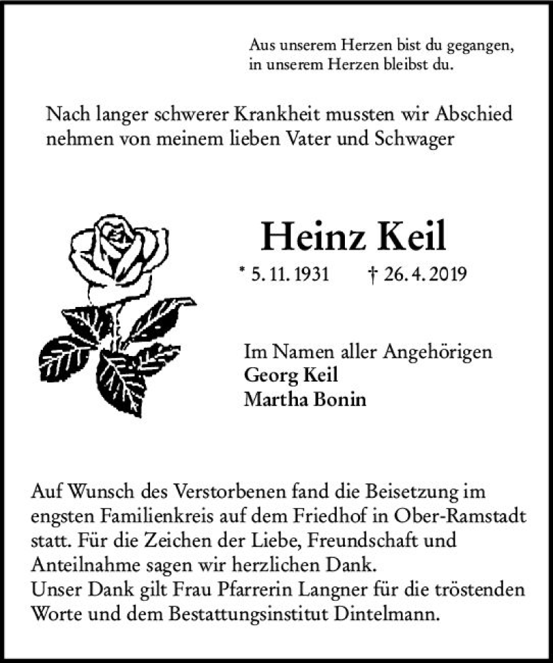  Traueranzeige für Heinz Keil vom 11.05.2019 aus vrm-trauer