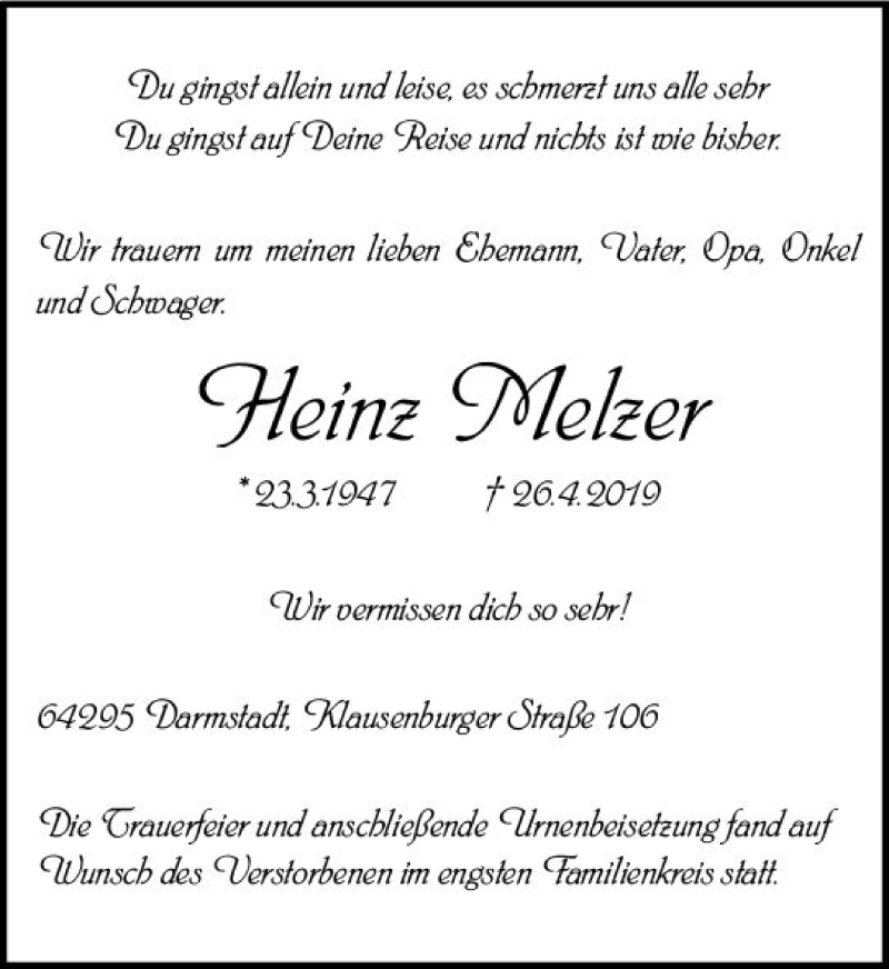  Traueranzeige für Heinz Melzer vom 18.05.2019 aus vrm-trauer