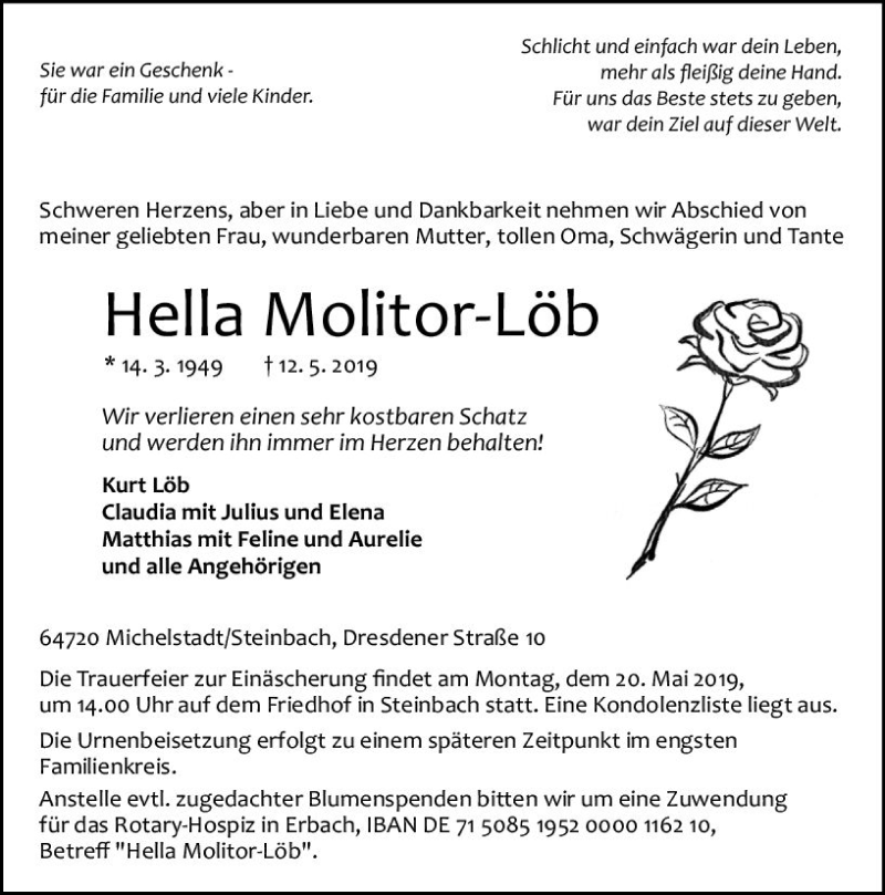  Traueranzeige für Hella Molitor-Löb vom 15.05.2019 aus vrm-trauer