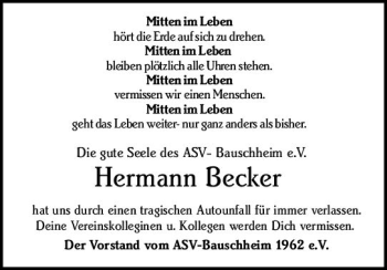 Traueranzeige von Hermann Becker von vrm-trauer