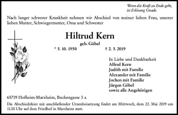 Traueranzeige von Hiltrud Kern von vrm-trauer