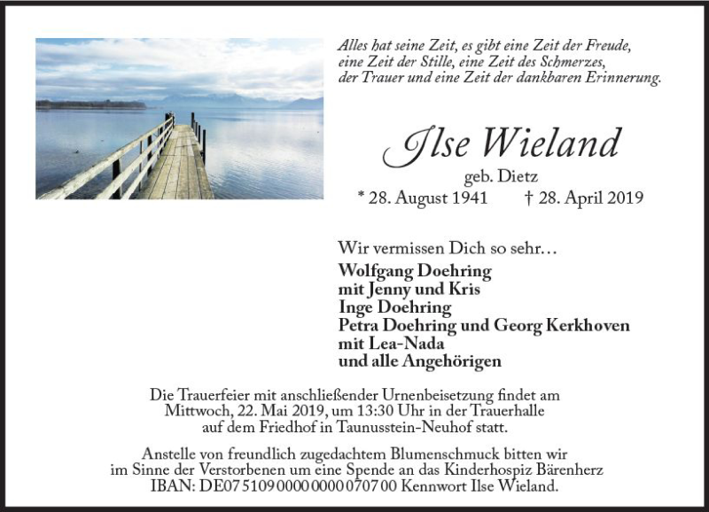  Traueranzeige für Ilse Wieland vom 18.05.2019 aus vrm-trauer
