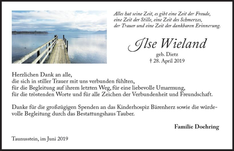  Traueranzeige für Ilse Wieland vom 01.06.2019 aus vrm-trauer