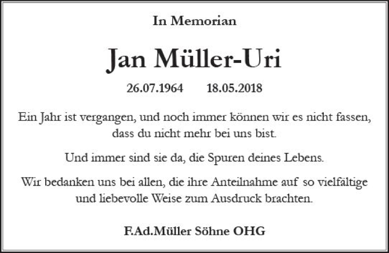  Traueranzeige für Jan Müller-Uri vom 18.05.2019 aus vrm-trauer