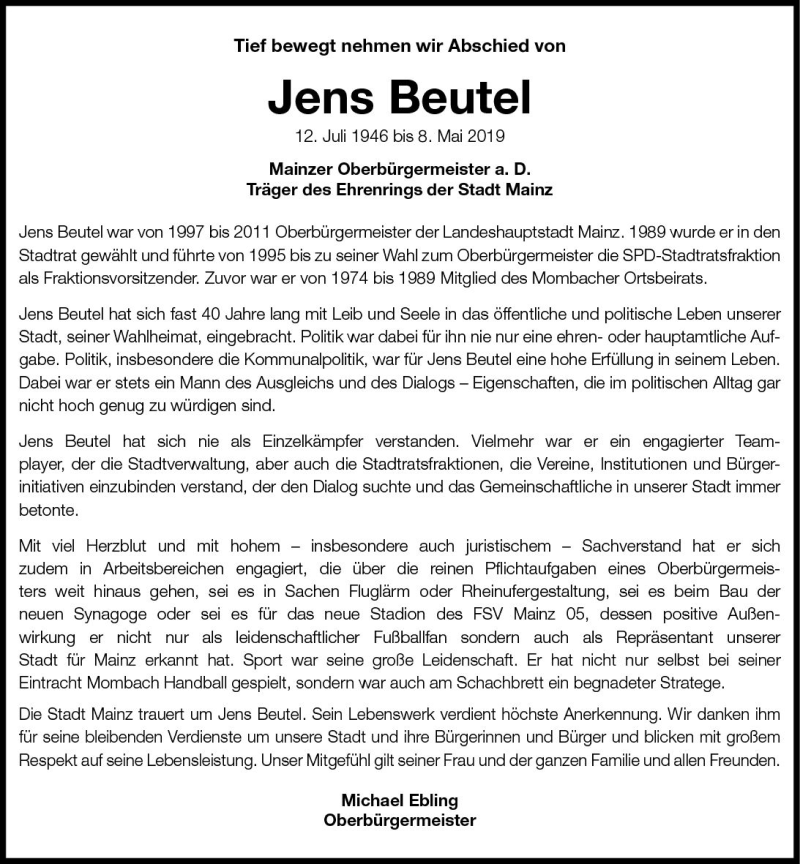  Traueranzeige für Jens Beutel vom 15.05.2019 aus vrm-trauer