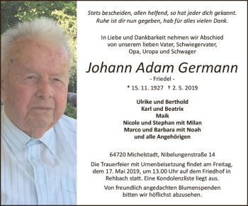 Traueranzeige von Johann Adam Germann von vrm-trauer