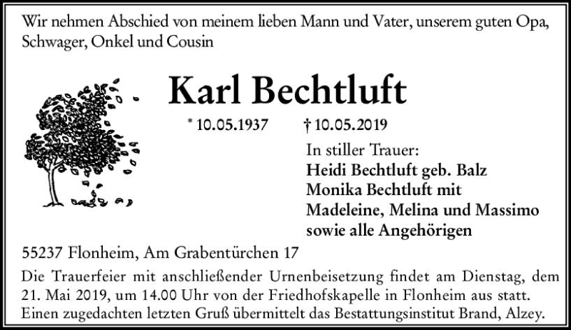  Traueranzeige für Karl Bechtluft vom 15.05.2019 aus vrm-trauer