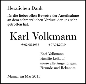 Traueranzeige von Karl Volkmann von vrm-trauer