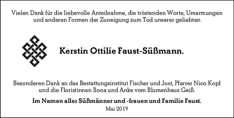  Traueranzeige für Kerstin Ottilie Faust-Süßmann vom 25.05.2019 aus vrm-trauer