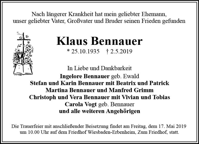  Traueranzeige für Klaus Bennauer vom 11.05.2019 aus vrm-trauer