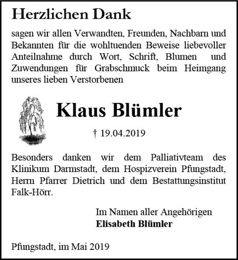  Traueranzeige für Klaus Blümler vom 18.05.2019 aus vrm-trauer