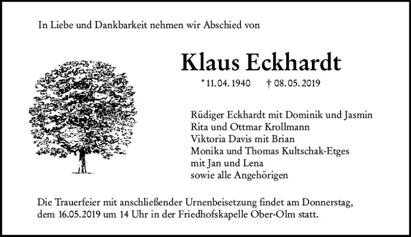  Traueranzeige für Klaus Eckhardt vom 11.05.2019 aus vrm-trauer