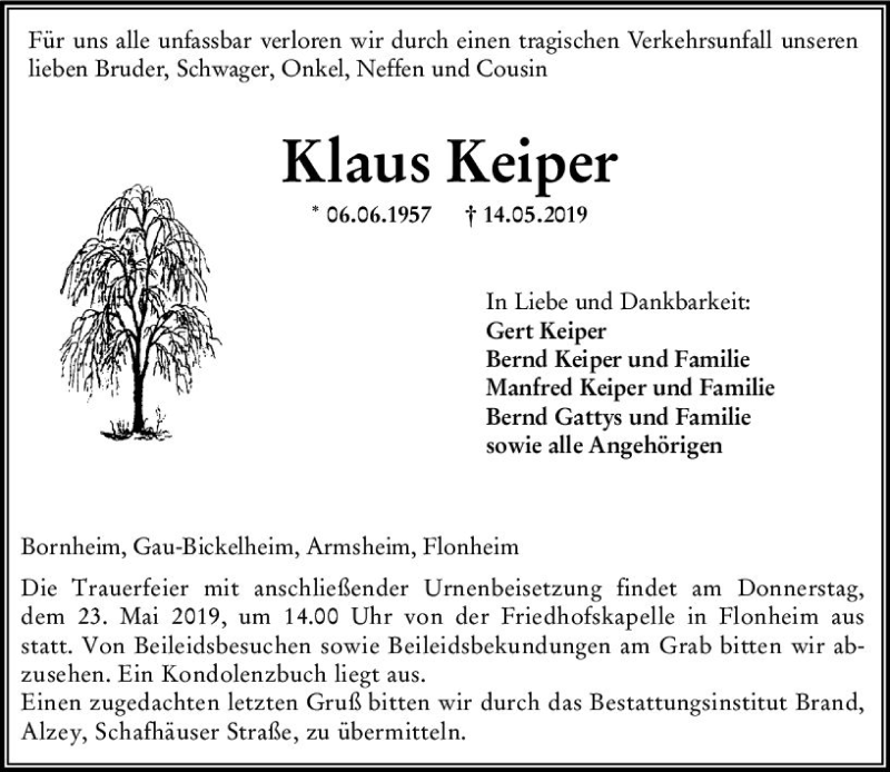  Traueranzeige für Klaus Keiper vom 18.05.2019 aus vrm-trauer