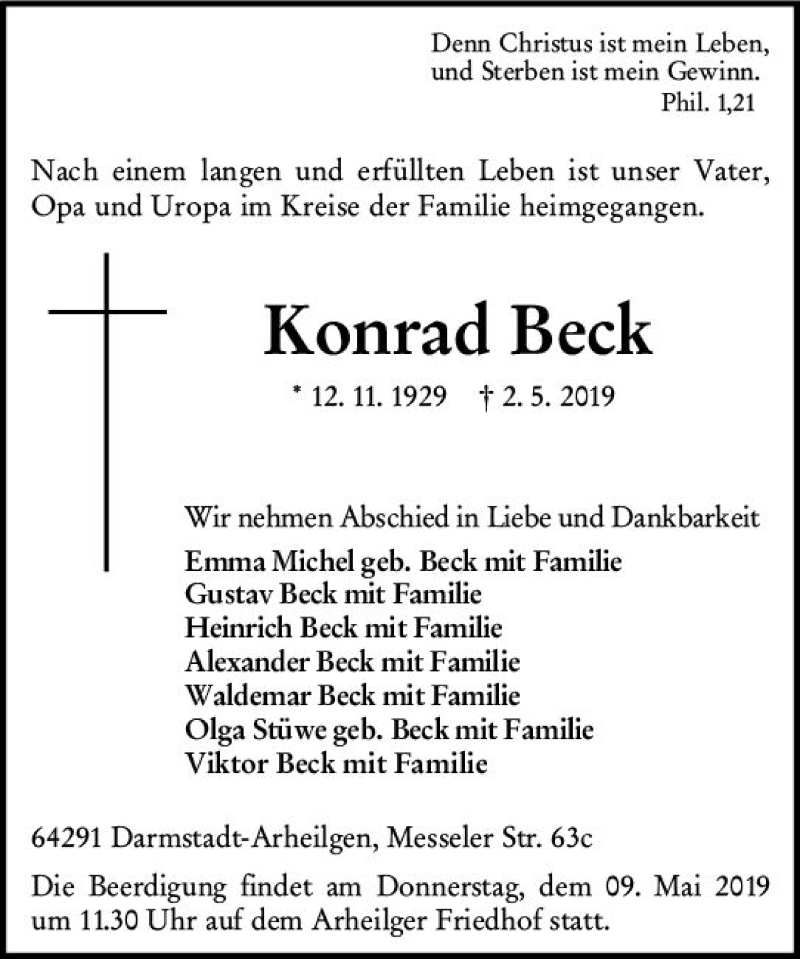  Traueranzeige für Konrad Beck vom 04.05.2019 aus vrm-trauer