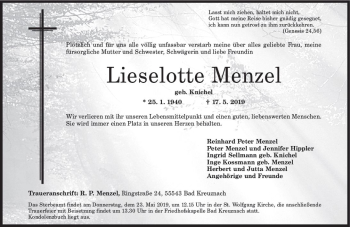 Traueranzeige von Lieselotte Menzel von vrm-trauer