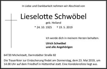 Traueranzeige von Lieselotte Schwöbel von vrm-trauer