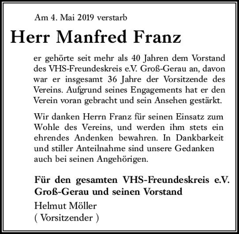  Traueranzeige für Manfred Franz vom 11.05.2019 aus vrm-trauer