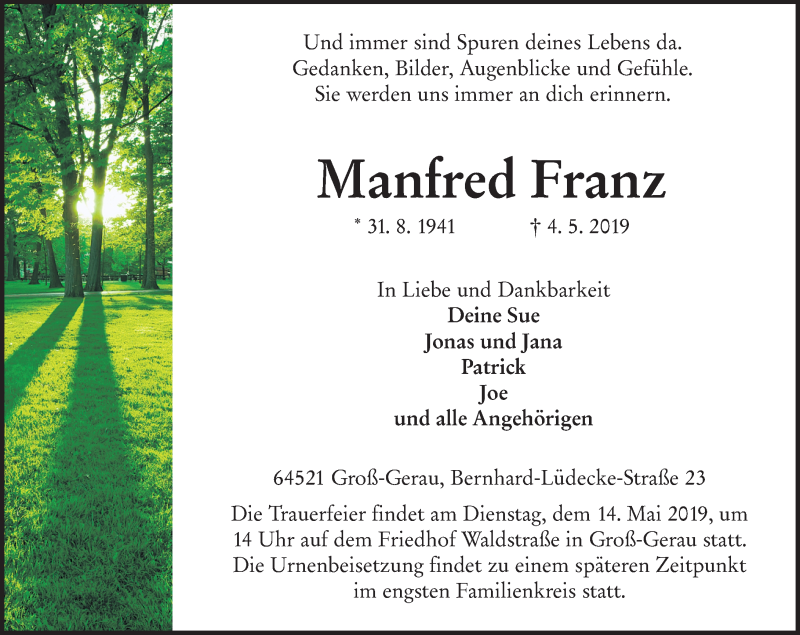  Traueranzeige für Manfred Franz vom 08.05.2019 aus vrm-trauer