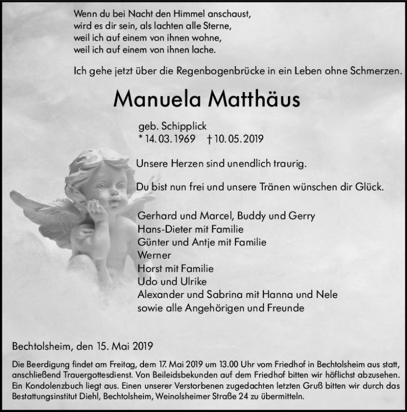  Traueranzeige für Manuela Matthäus vom 15.05.2019 aus vrm-trauer