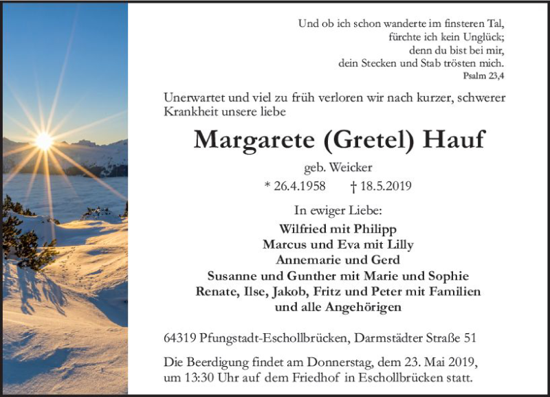  Traueranzeige für Margarete Hauf vom 20.05.2019 aus vrm-trauer