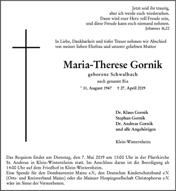 Traueranzeige von Maria-Therese Gornik von vrm-trauer