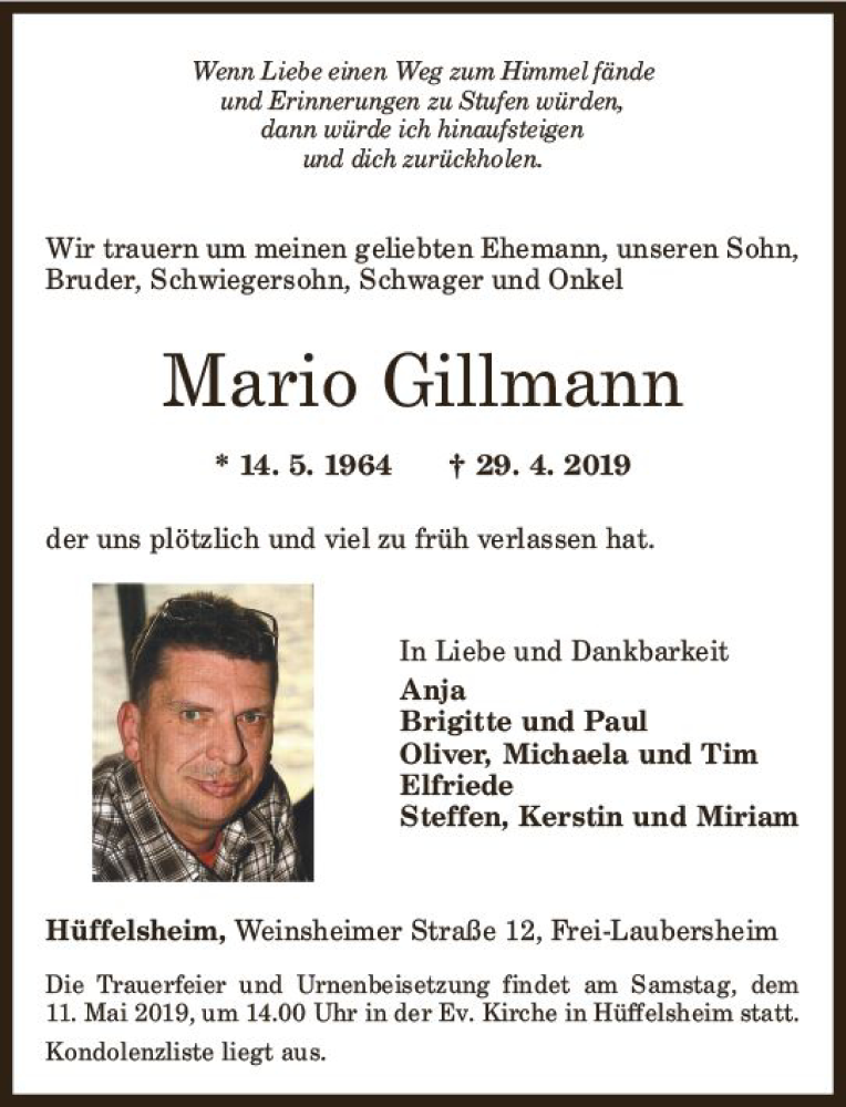  Traueranzeige für Mario Gillmann vom 07.05.2019 aus vrm-trauer