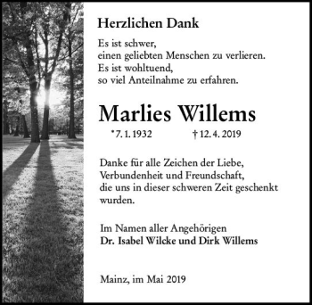 Traueranzeige von Marlies Willems von vrm-trauer