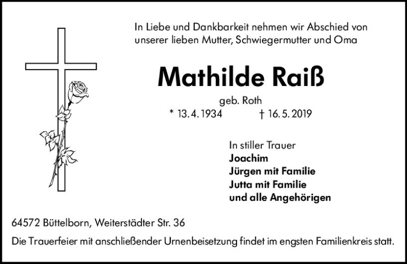  Traueranzeige für Mathilde Raiß vom 22.05.2019 aus vrm-trauer
