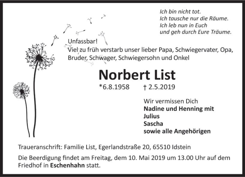  Traueranzeige für Norbert List vom 07.05.2019 aus vrm-trauer