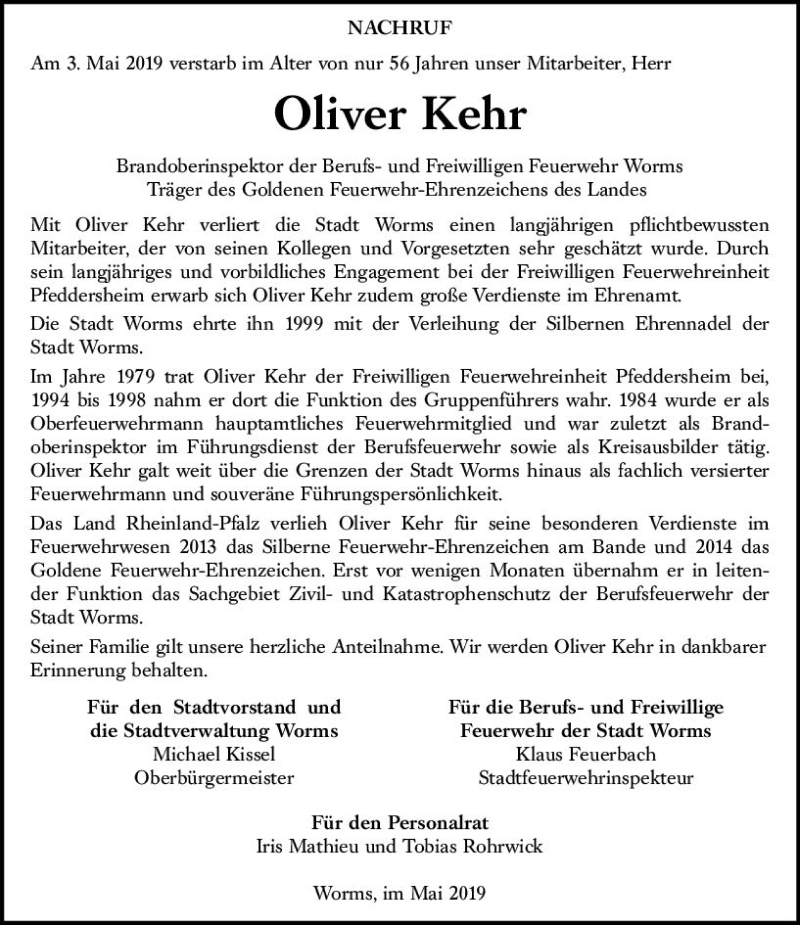  Traueranzeige für Oliver Kehr vom 10.05.2019 aus vrm-trauer