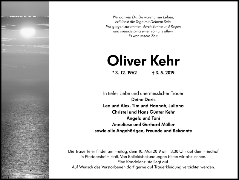  Traueranzeige für Oliver Kehr vom 08.05.2019 aus vrm-trauer